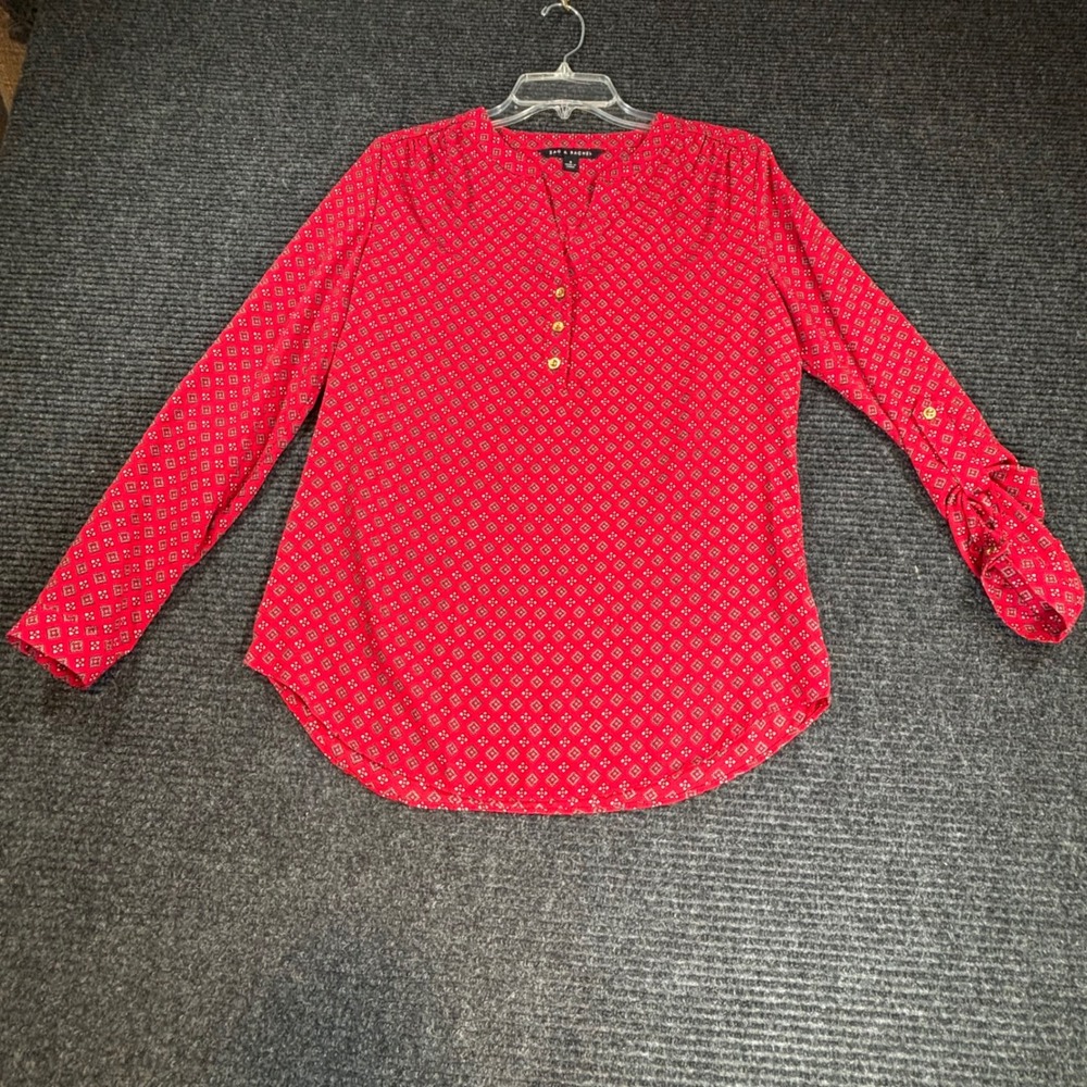 Zac & Rachel Womens Red Geometric Print Roll Tab Sleeve Blouse (Sm) Gold Buttons - Picture 1 of 8